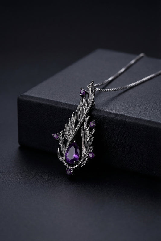 Flames Of Hel - 925 Sterling Silver Necklace inlaid with Natural Amethysts