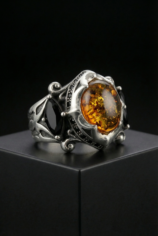 The Allfather - Premium Sterling Silver Ring inlaid with Amber