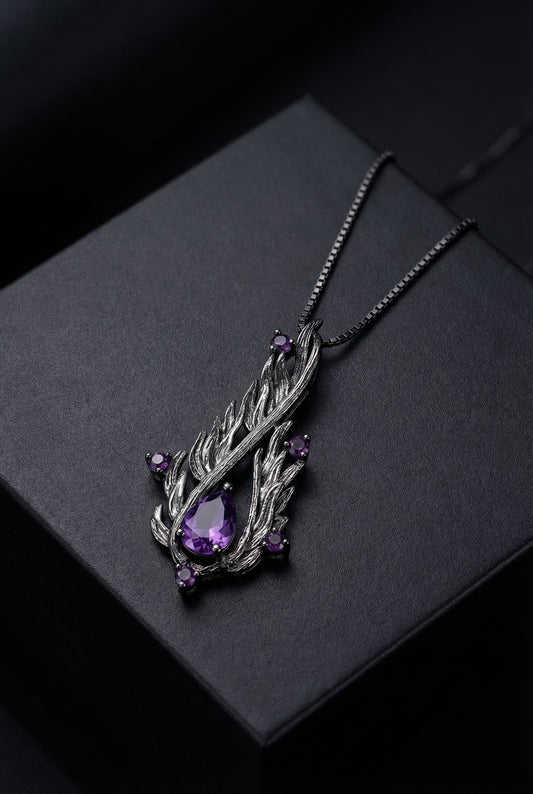 Flames Of Hel - 925 Sterling Silver Necklace inlaid with Natural Amethysts