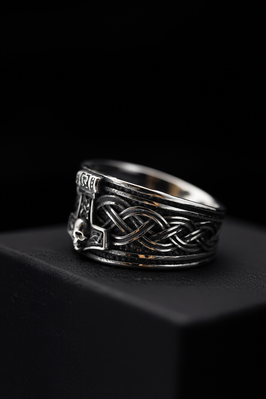 Asgardian Allegiance - Titanium Mjolnir And Skull Ring