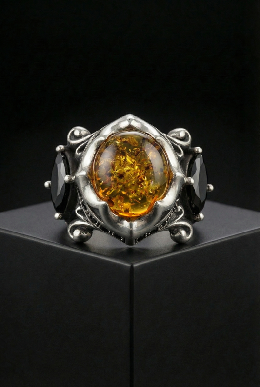 The Allfather - Premium Sterling Silver Ring inlaid with Amber